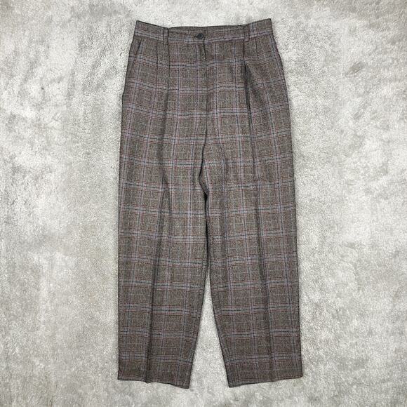 Vintage 90s Brown Checkered Plaid Pleated High Waist Trousers Pants Grunge Indie - Picture 1 of 12